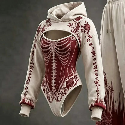 Women's Halloween Bloodstained Bone Floral Spider Web Hoodie Three-piece Set