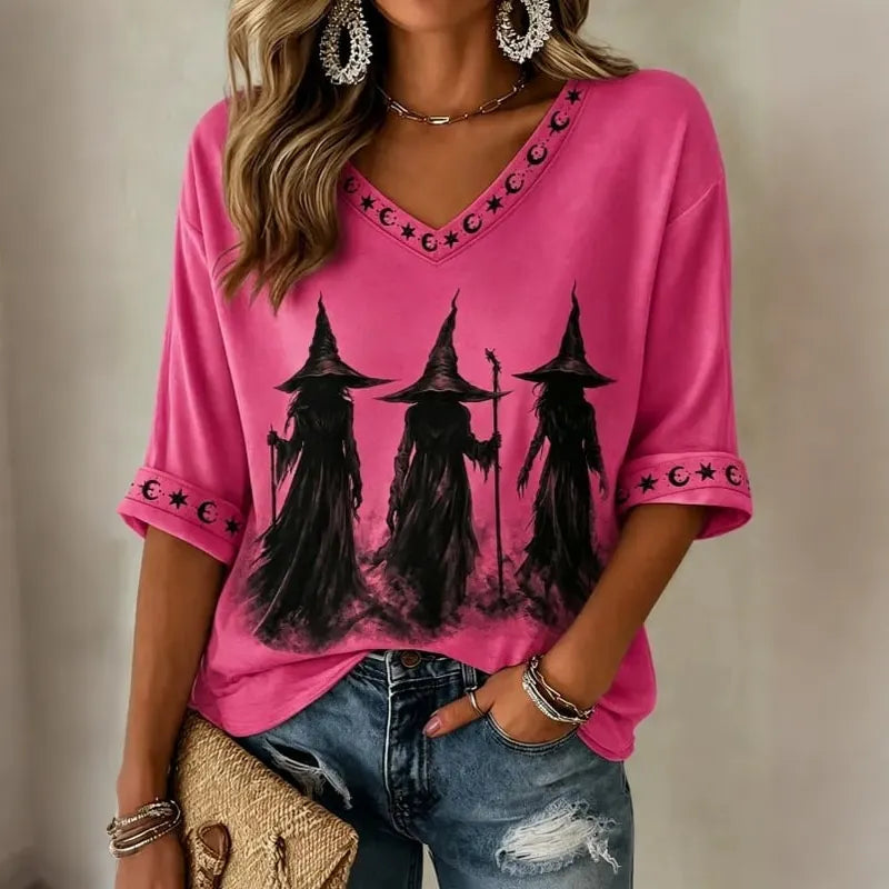 Women's Retro Halloween Magic Print Mid-sleeve T-shirt
