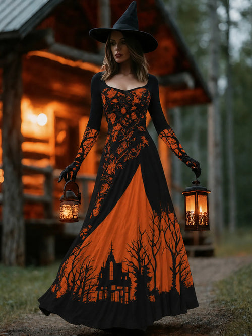 Women's Halloween Horror Treehouse Design Witch Maxi Dress