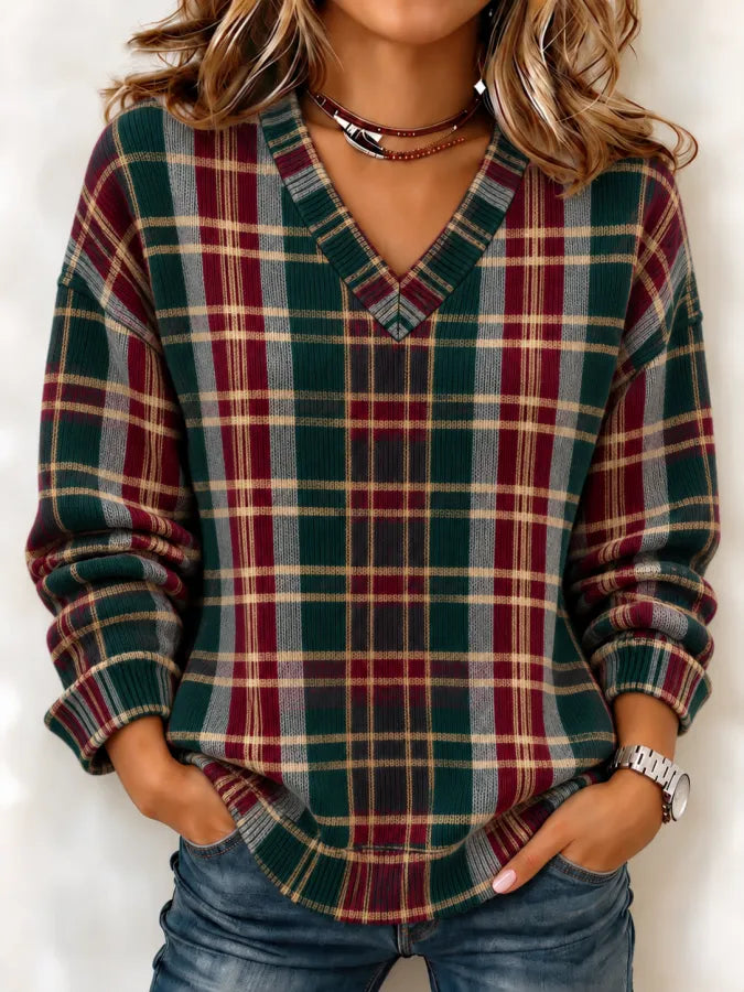 Women'S Christmas Plaid Art Knit Long Sleeve Top