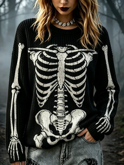 Women's Retro Halloween-themed Human Skeleton Print Sweater