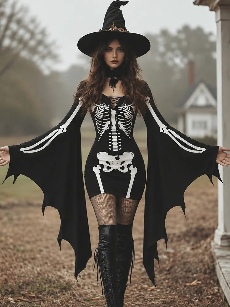 Women's Gothic Skeleton Batwing Flare Sleeve Lace‑up Bodycon Dress – Halloween Costume
