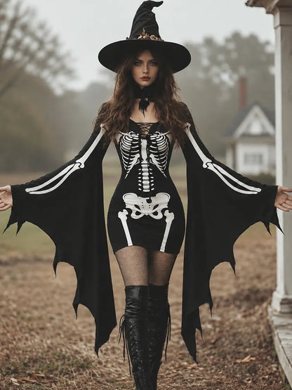 Women's Gothic Skeleton Batwing Flare Sleeve Lace‑up Bodycon Dress – Halloween Costume