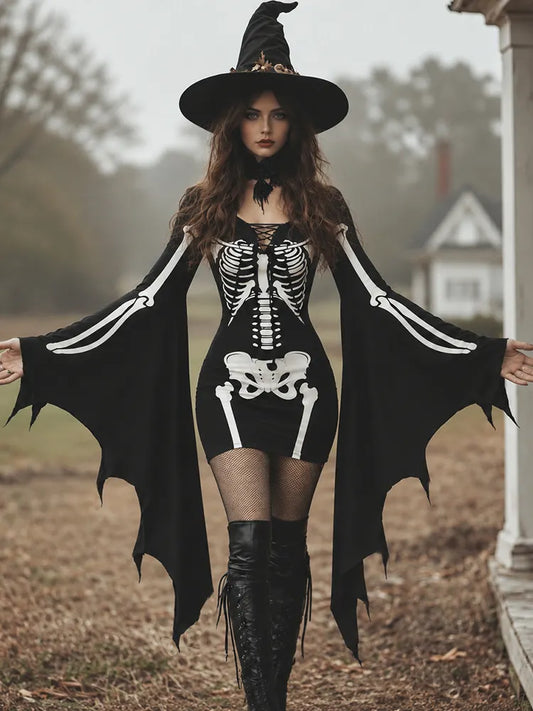 Women's Gothic Skeleton Batwing Flare Sleeve Lace‑up Bodycon Dress – Halloween Costume