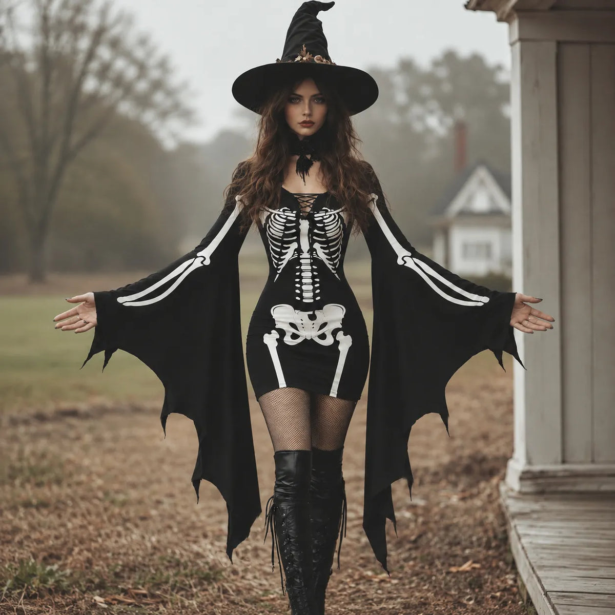 Women's Gothic Skeleton Batwing Flare Sleeve Lace‑up Bodycon Dress – Halloween Costume