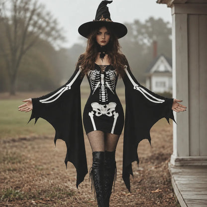 Women's Gothic Skeleton Batwing Flare Sleeve Lace‑up Bodycon Dress – Halloween Costume