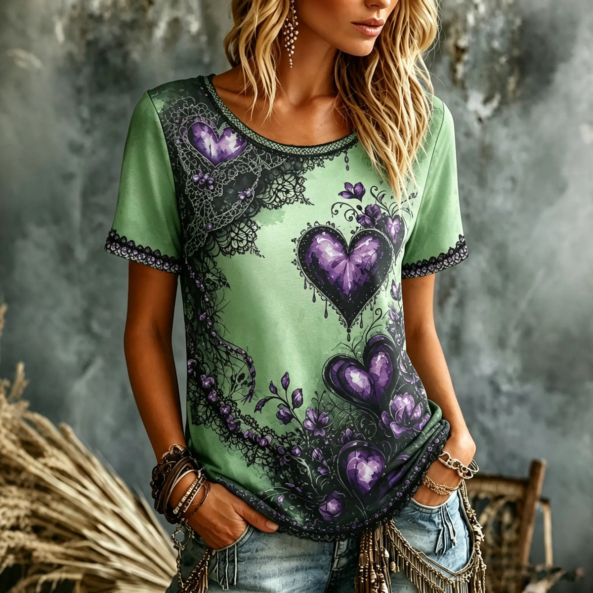Women's Retro Heart Floral Dark Round Neck Short Sleeve T-shirt