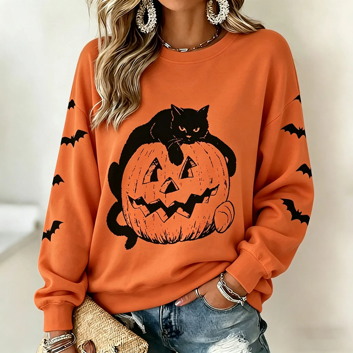 Women's Retro Halloween Cat Print Casual Sweatshirt