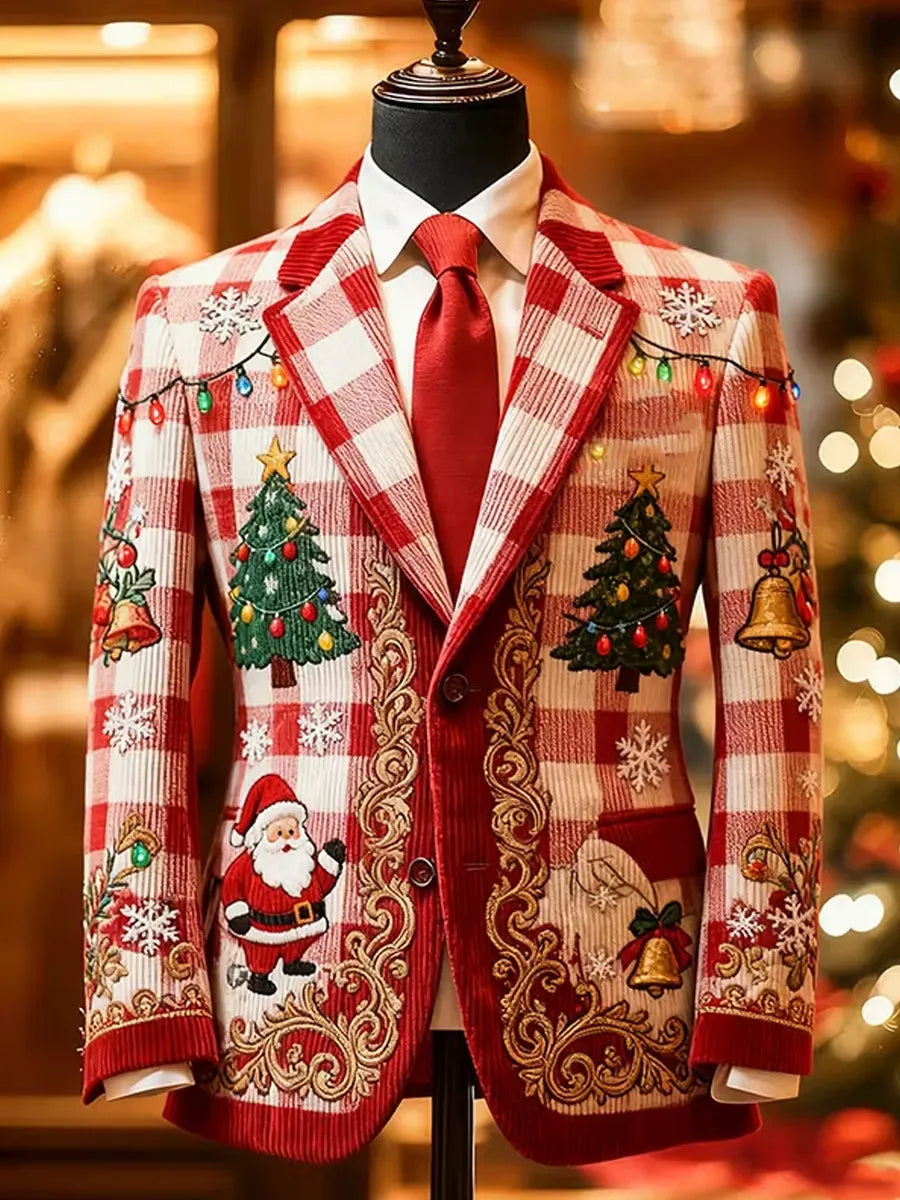 Men's Santa Claus Christmas Check Tree Print Long Sleeve Corduroy Blazer