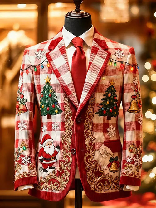 Men's Santa Claus Christmas Check Tree Print Long Sleeve Corduroy Blazer