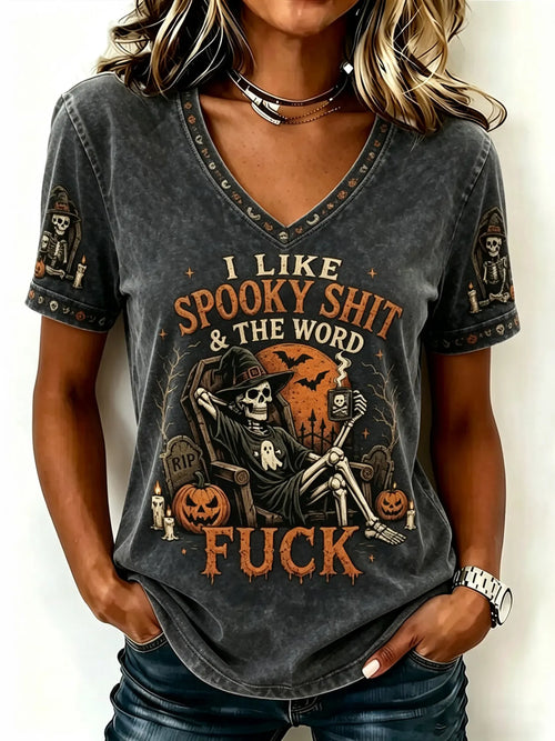 Women's Halloween-themed Printed V-neck Short-sleeved T-shirt