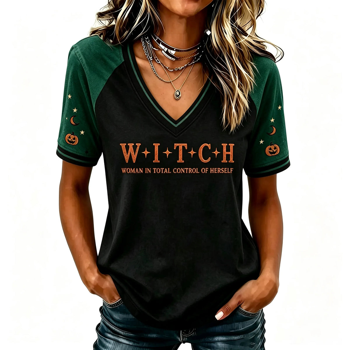 Women's Halloween 'woman In Total Control Of Herself' Printed V-neck Short-sleeved T-shirt