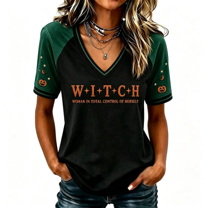 Women's Halloween 'woman In Total Control Of Herself' Printed V-neck Short-sleeved T-shirt