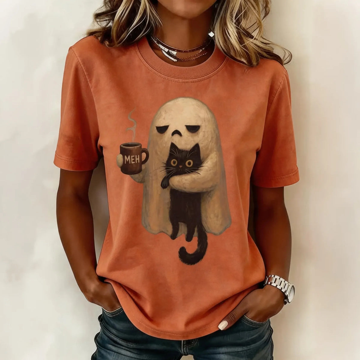 Women's Retro Halloween Ghost And Cat Pattern Crew Neck T-shirt