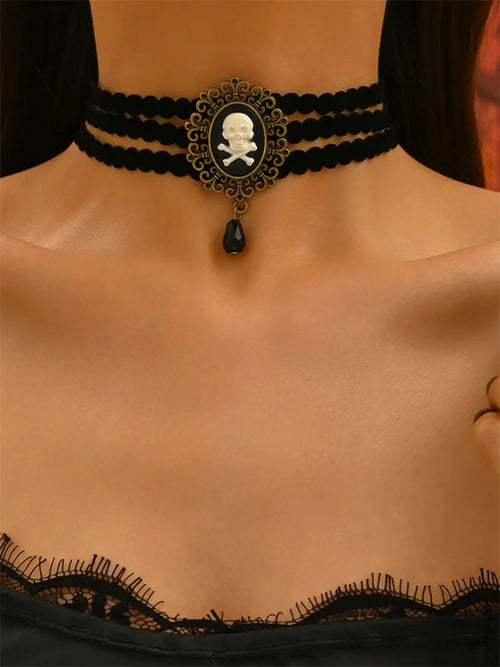 Vintage Gothic Skeleton Diamond Pendant Choker
