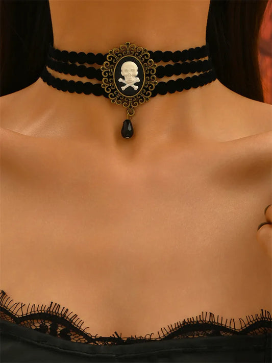 Vintage Gothic Skeleton Diamond Pendant Choker