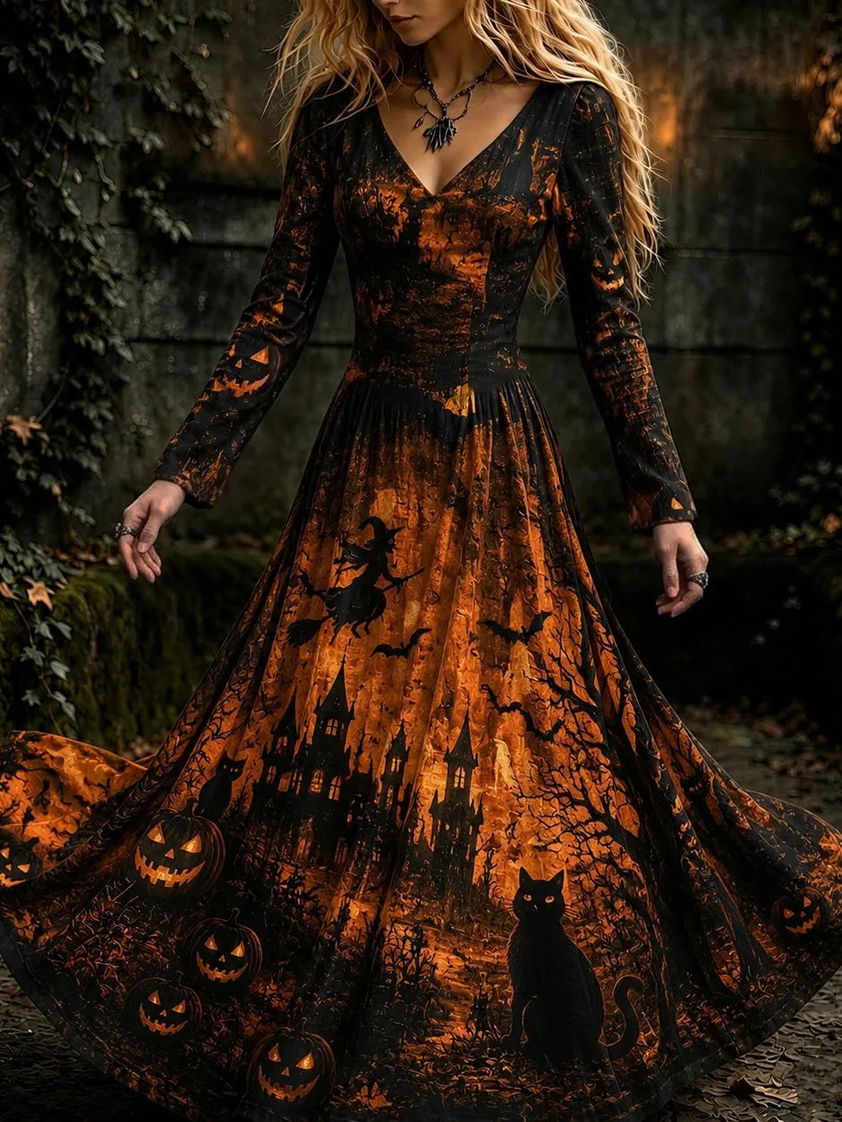 Women's Vintage Halloween Witch, Cat, And Castle Print Dress