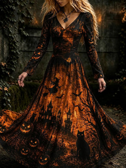 Women's Vintage Halloween Witch, Cat, And Castle Print Dress