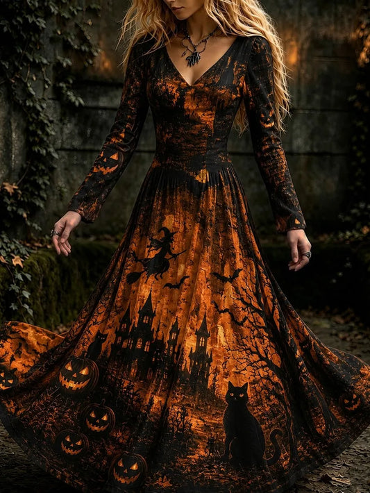 Women's Vintage Halloween Witch, Cat, And Castle Print Dress