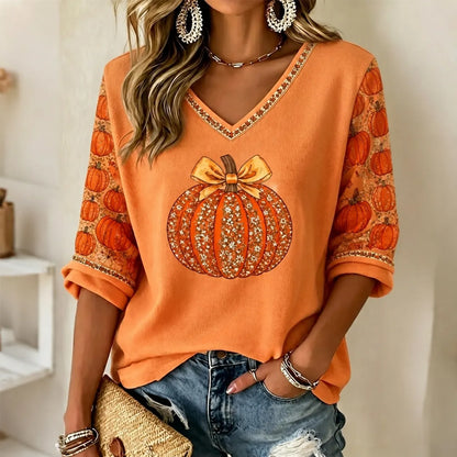Women's Autumn Pumpkin Rhinestone Pattern Casual Mid-sleeve T-shirt