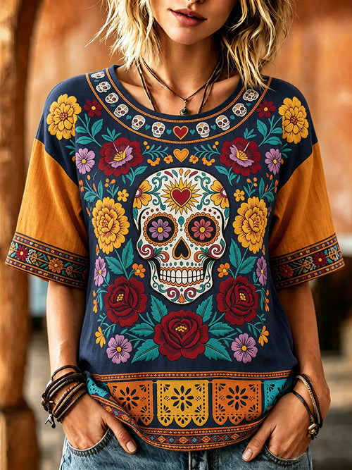 Women's Retro Vacation Floral Skull Design Cotton Linen Crew Neck Top