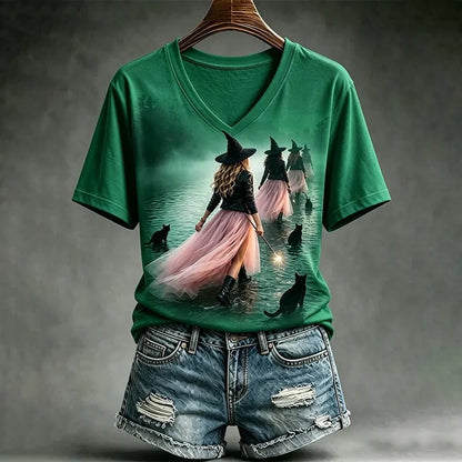 Women's Retro Halloween Cat Print Pattern Casual V-neck T-shirt