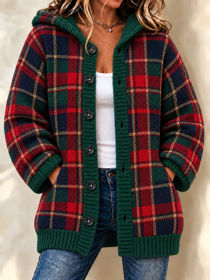 Women'S Grid Casual Hooded Long Cardigan