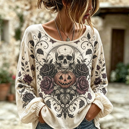 Women's Long Sleeve T-shirt With Human Skull, Jack-o'-lantern, And Rose Motif