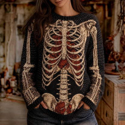 Women's Halloween Skull Art Knit Casual Vintage Crewneck Sweater