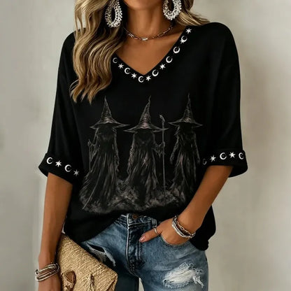Women's Retro Halloween Magic Print Mid-sleeve T-shirt