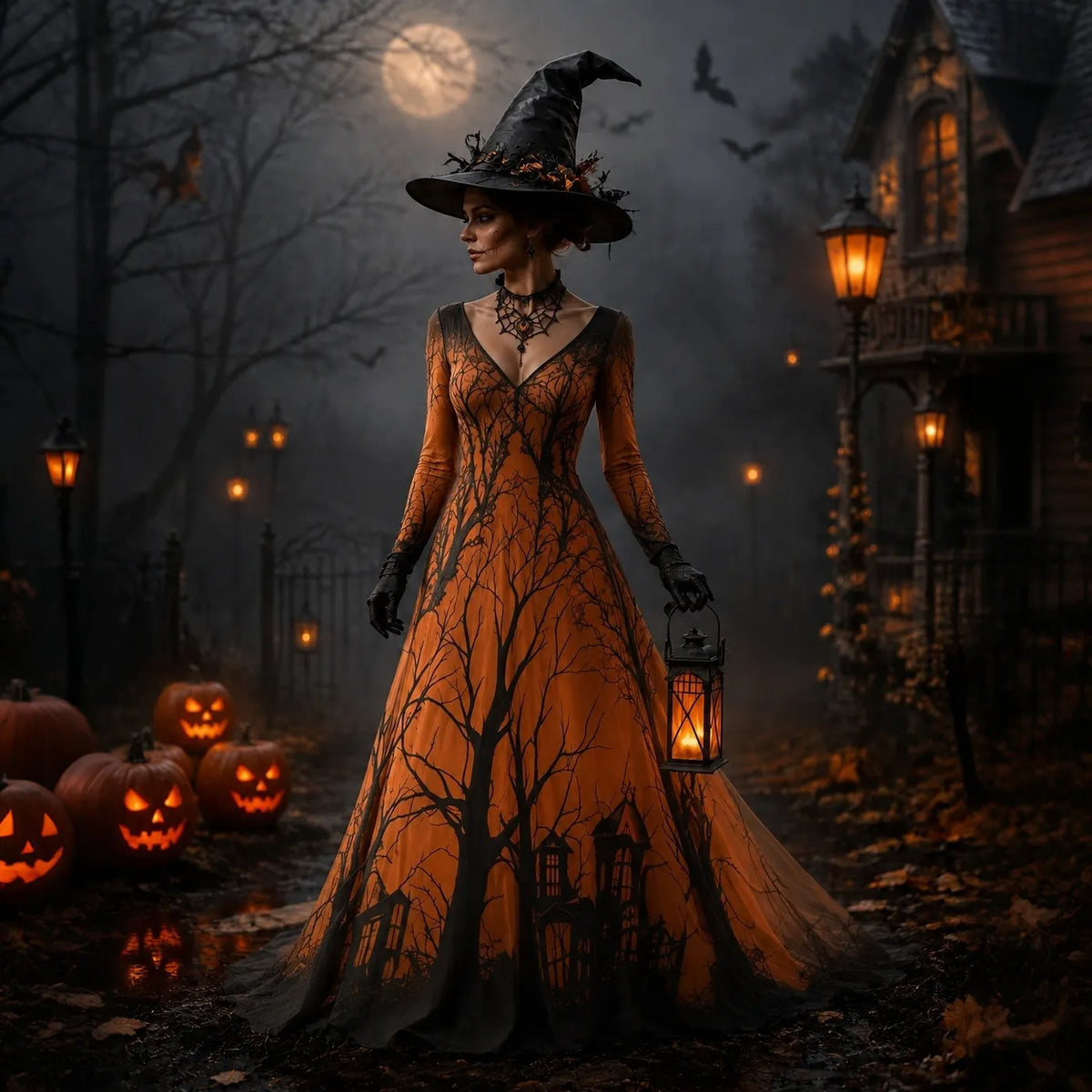 Women's Halloween Gradient Treehouse Print Witch V-neck Maxi Dress