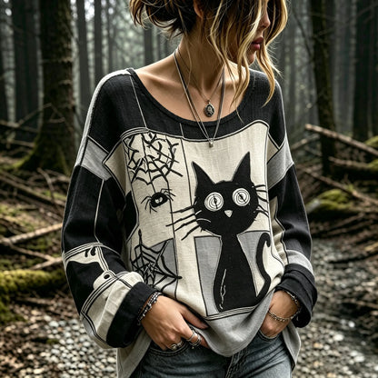 Women's Vintage Shock Spider Black Cat Patchwork Art Long Sleeve T-shirt