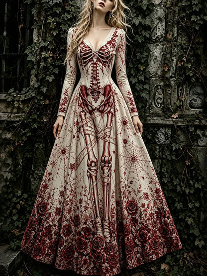Women's Halloween Gothic Skeleton Art V-neck Maxi Dress