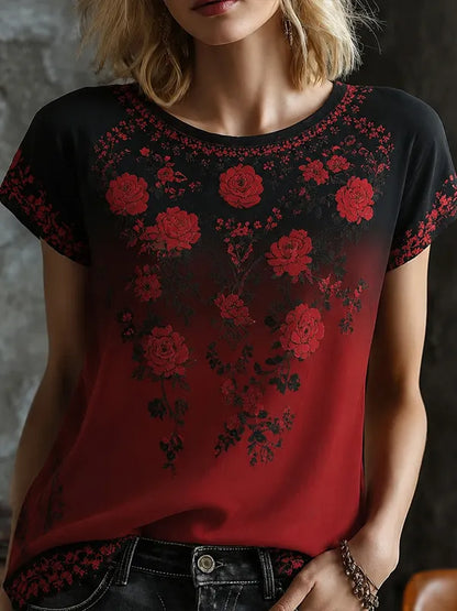 Women's Retro Rose Embroidery Gradient Pattern Casual Halloween T-shirt