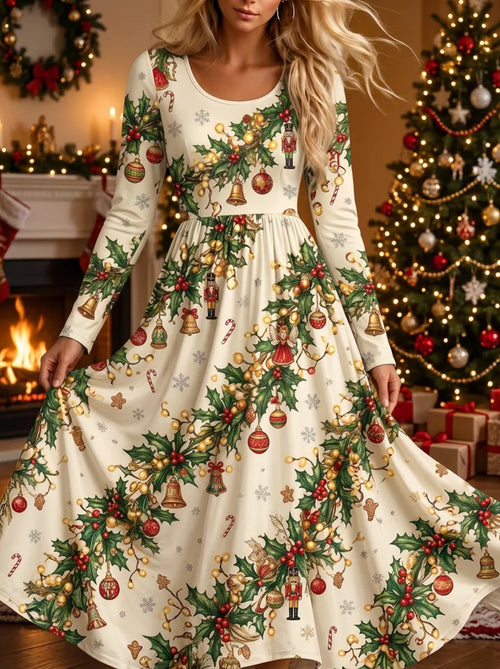 Women's Christmas-Themed Long-Sleeved Maxi Dress