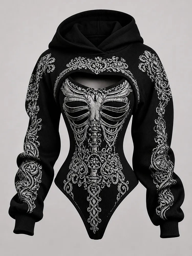 Women's Retro Bone-style Ethnic Print Hoodie Two-piece Set
