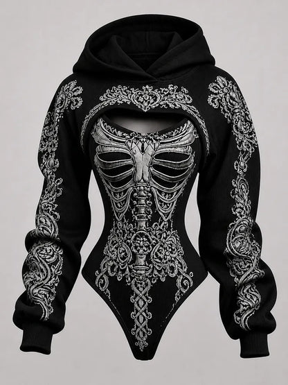 Women's Retro Bone-style Ethnic Print Hoodie Two-piece Set