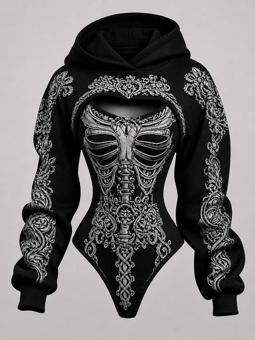Women's Retro Bone-style Ethnic Print Hoodie Two-piece Set