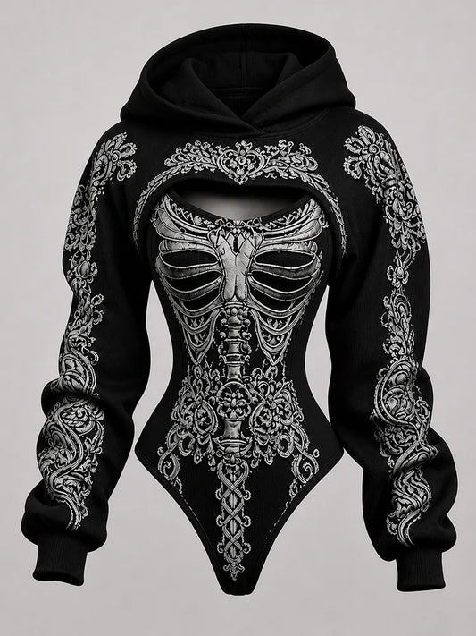 Women's Retro Bone-style Ethnic Print Hoodie Two-piece Set