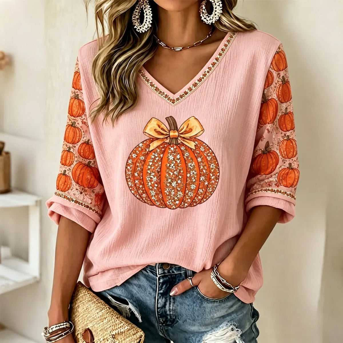 Women's Autumn Pumpkin Rhinestone Pattern Casual Mid-sleeve T-shirt