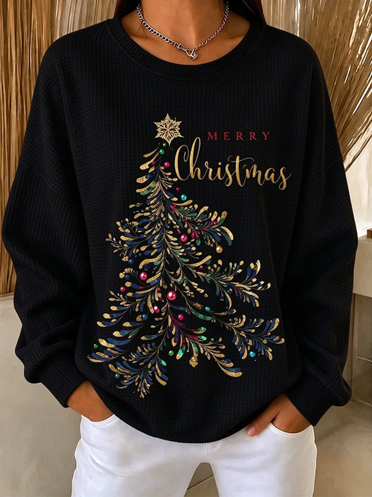 Women's Casual Waffle-Knit Top - Black