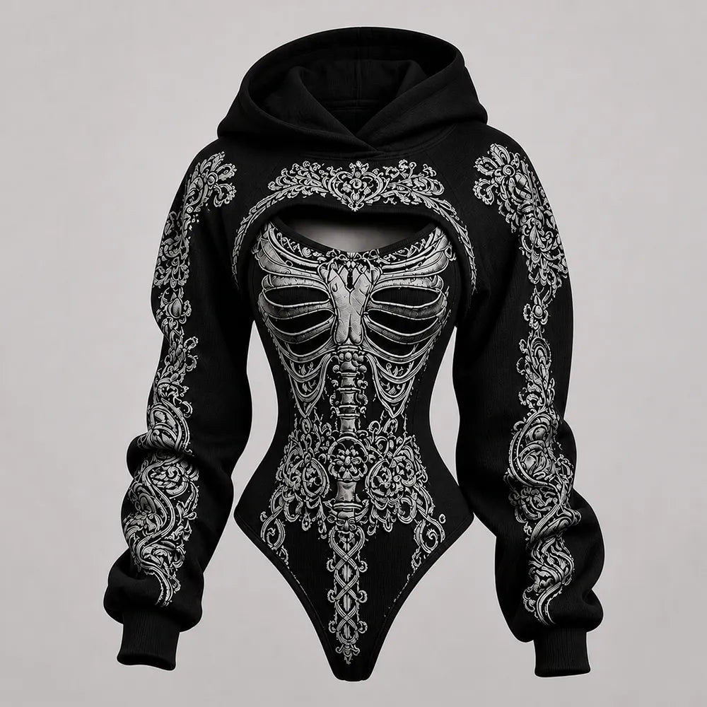 Women's Retro Bone-style Ethnic Print Hoodie Two-piece Set