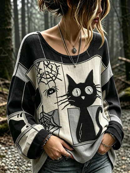 Women's Vintage Shock Spider Black Cat Patchwork Art Long Sleeve T-shirt