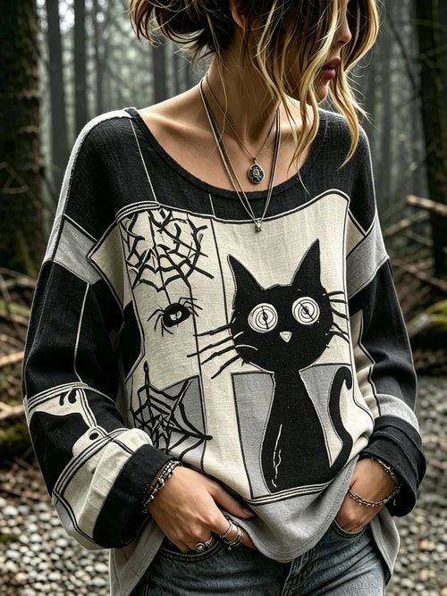 Women's Vintage Shock Spider Black Cat Patchwork Art Long Sleeve T-shirt