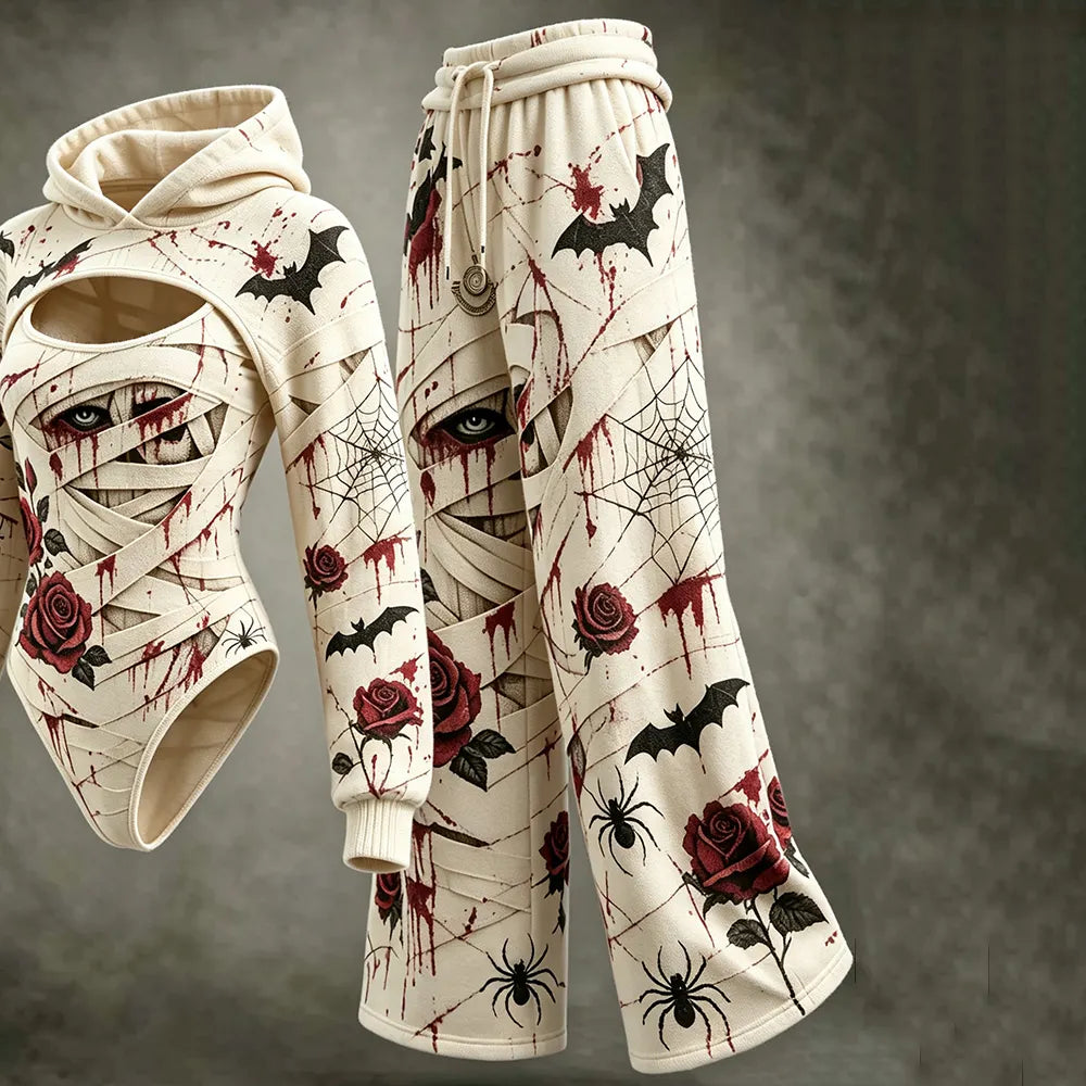 Women's Halloween Floral Bat Spider Web Rose Print Hooded Three-piece Set