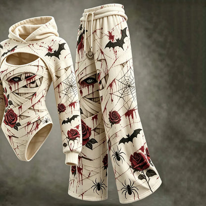 Women's Halloween Floral Bat Spider Web Rose Print Hooded Three-piece Set