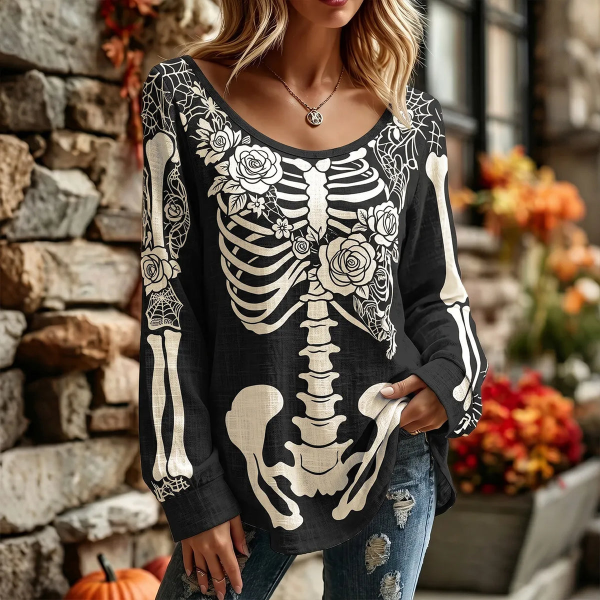 Women's Vintage Skeleton Rose Floral Art Long Sleeve T-shirt