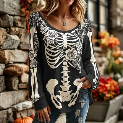 Women's Vintage Skeleton Rose Floral Art Long Sleeve T-shirt