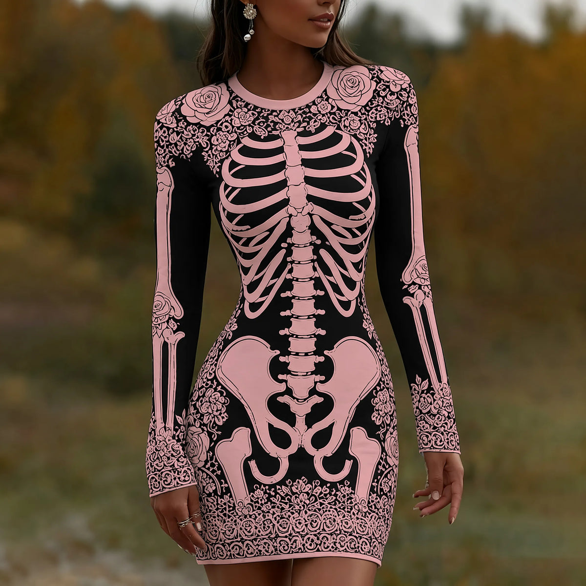 Women's Vintage Halloween Skeleton Bones With Rose Art  Mini Dress