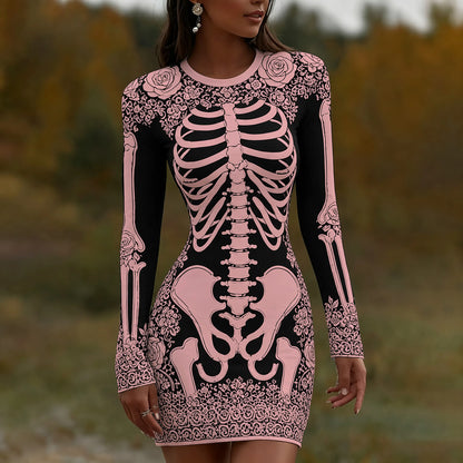 Women's Vintage Halloween Skeleton Bones With Rose Art  Mini Dress